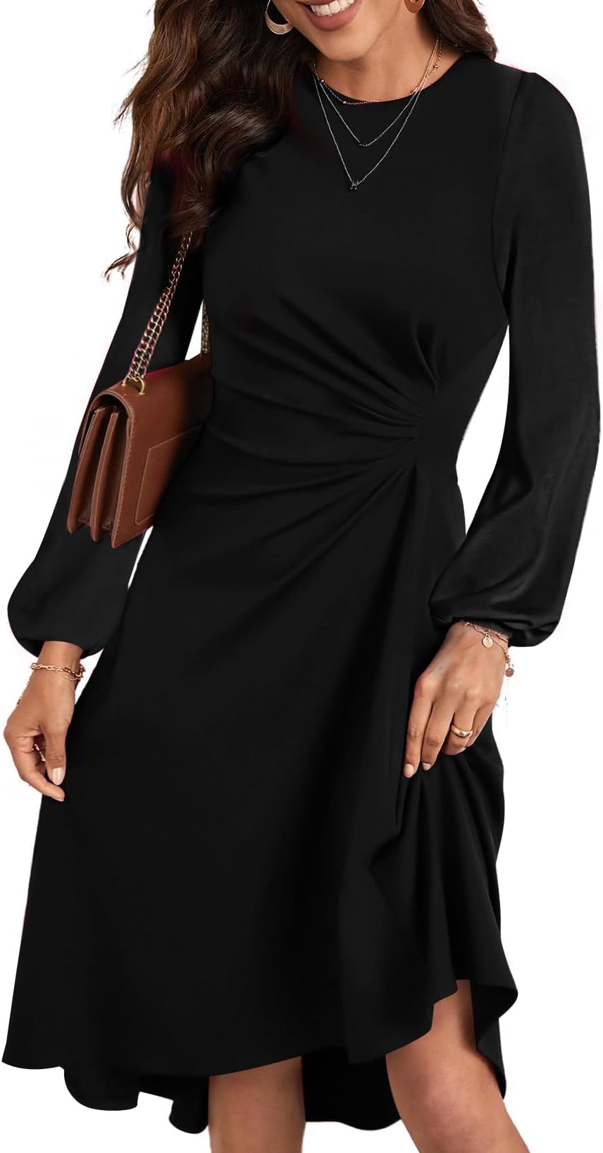 Women's Long Sleeve Ruched Waist Flowy A Line High Low Midi Cocktail Party Dress
