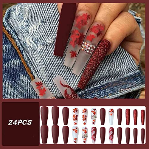 Hkanlre Red Press On Nails Tips Coffin Long Leaf Fake Nails Bling Full Cover Ballerina Rhinestones False Nails For Women And Girls 24Pcs #TOP4