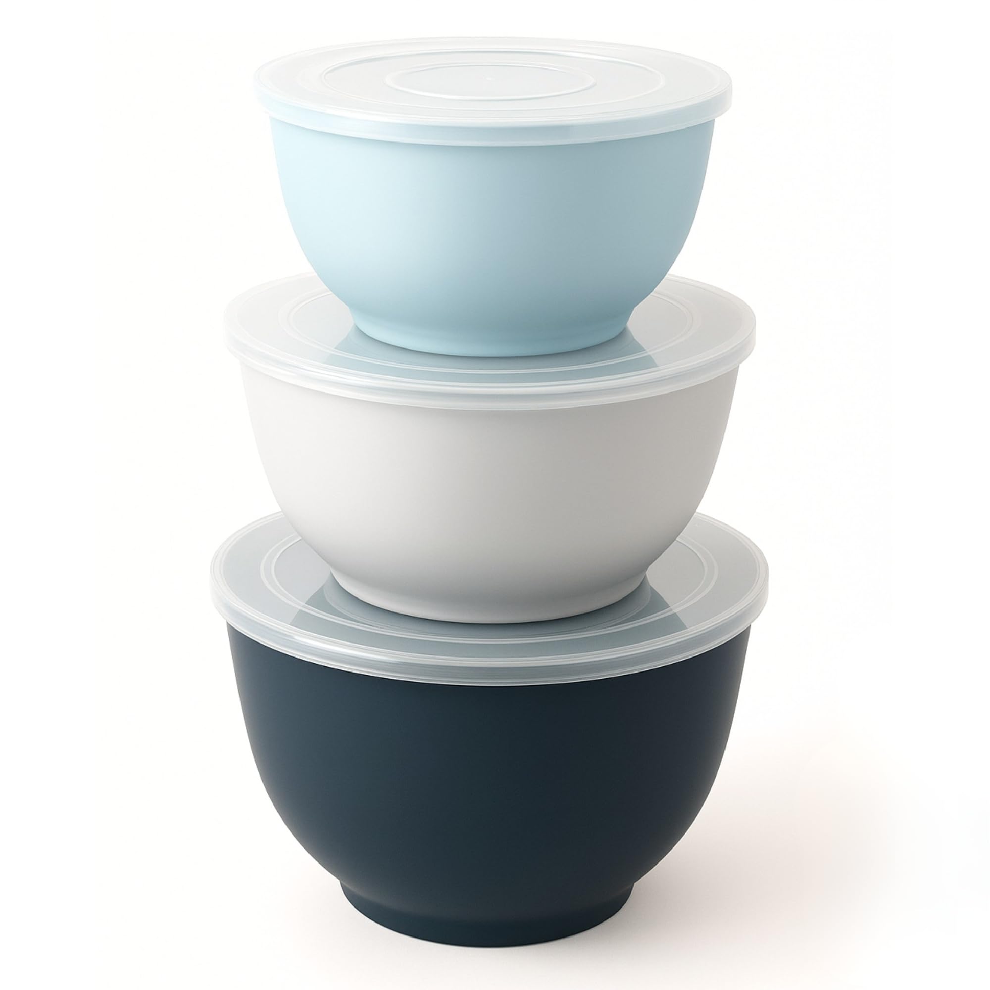 TP Juego de cuencos grandes para mezclar con tapas, juego de cuencos de melamina para hornear pasta, ensalada, juego de 3, azul y blanco