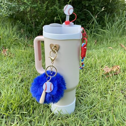 Baseball Mom Charms Straw Cover Lid Set With Strap Carrier For Stanley Cup 20/30/40 oz Accessories For Owala/BrüMate Era 24/32/40 Oz Water Bottle Holder White Blue