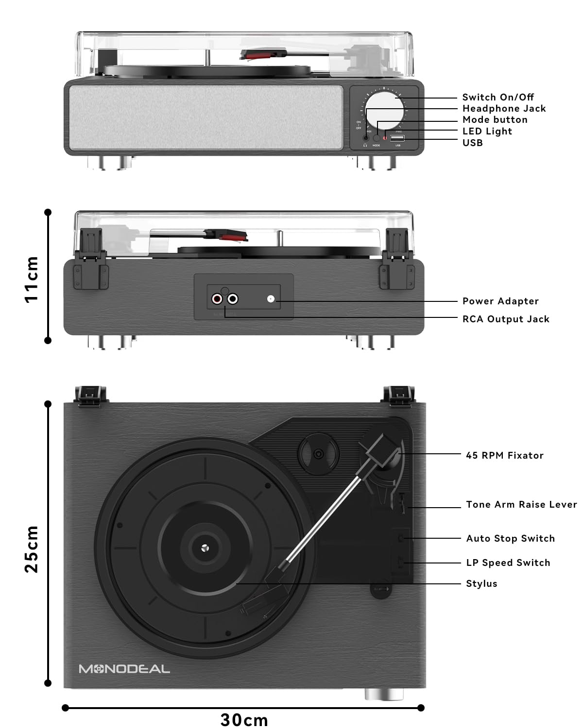 Giradischi in vinile con altoparlanti, giradischi MONODEAL a 3 velocità per dischi in vinile con trasmettitore Bluetooth, arresto automatico, uscita RCA, USB/jack per cuffie, design vintage in legno