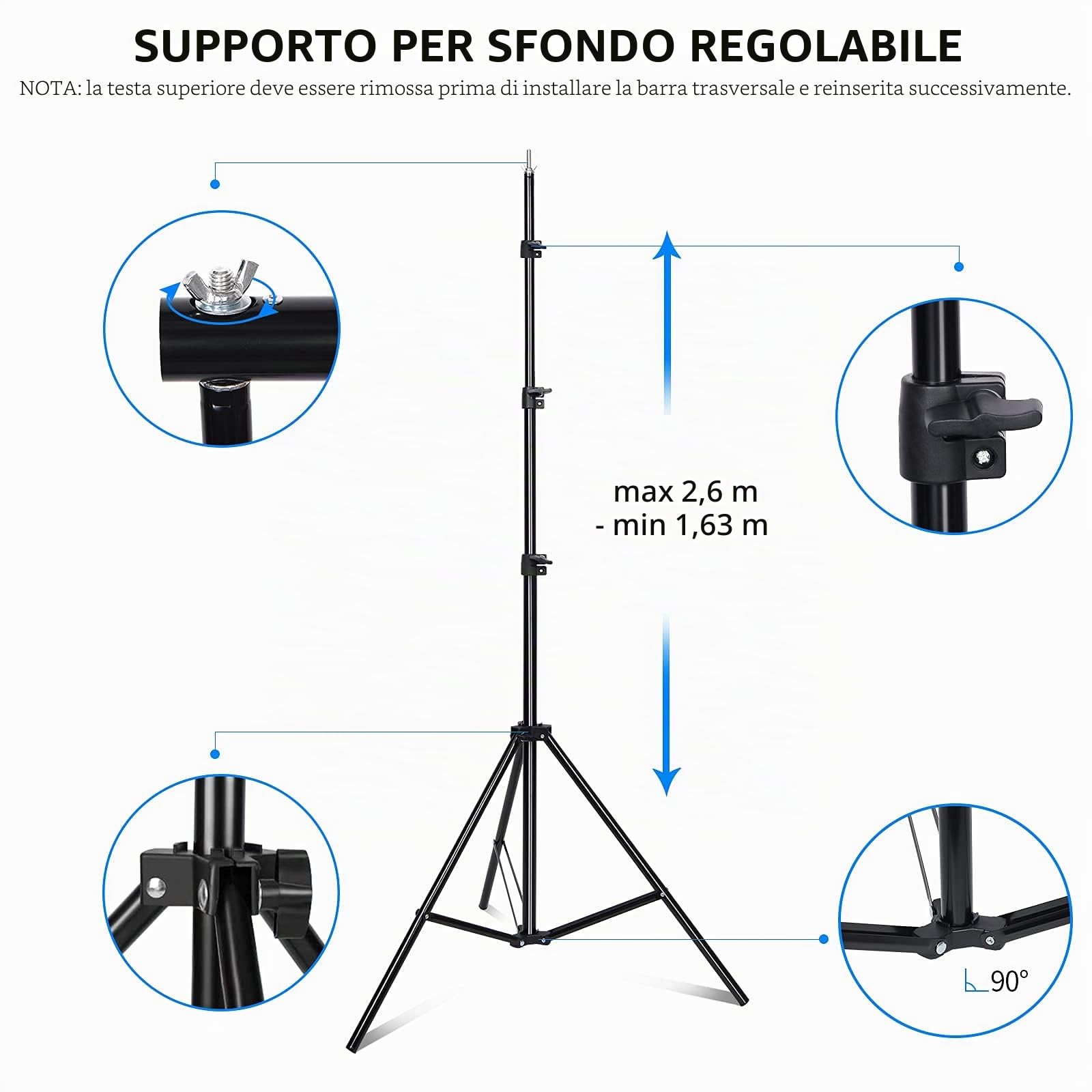 Supporto Fondale Fotografico, 2,6 x 3 M Kit Portafondali Regolabile con 8 Clip per Sfondo, 2 Sacchi di Sabbia e 1 Borsa di Trasporto per Studio Fotografico, Video, Ritratti e Feste