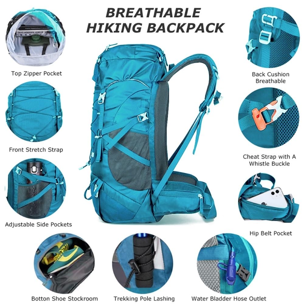 SMYDM - Zaino da trekking con copertura antipioggia, grande capacità, con telaio esterno, per uomo e donna, resistente all'acqua, zaino da campeggio per trekking e viaggi, Rosso, L, Casual