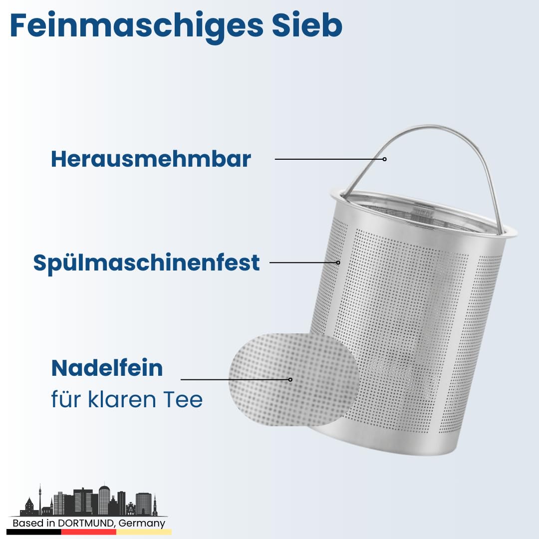 Teekanne mit Siebeinsatz 1 Liter I Edelstahl gebürstet I Warmhalte-Funktion I incl. Korkuntersetzer I Hochwertiger Teebereiter Doppelwandig I Perfekt für losen Tee, Ingwer & Kräuteraufgüsse