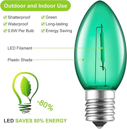 Miniatura 9 de Brightown Paquete de 50 bombillas LED C9 de Navidad, bombillas LED C9 inastillables de plástico transparente, repuesto para luces de cadena de