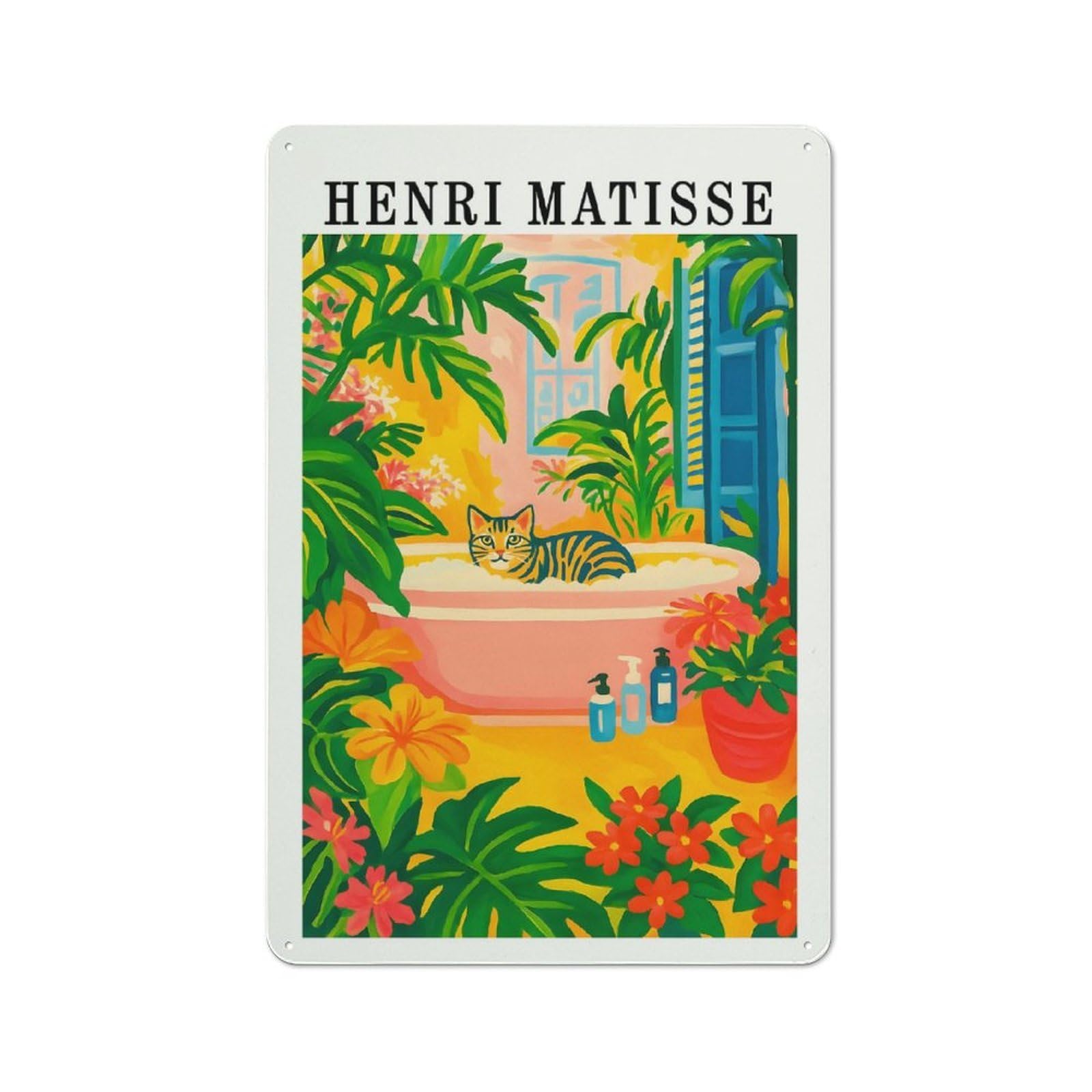 Junmoney Style-5 Rustic Tin Sign 30X20cm Featuring Henri Matisse Style Cat In Bathtub For Café Or Home Bar, Gift Idea At Christmas For Hospitality Decor Collectors