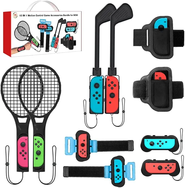 Uxilep Switch Sports Games Accessories Bundle for Nintendo Switch / Switch OLED,10 in 1 Family Party Pack for Switch Accessories Kit with Tennis Rackets,Golf Clubs,Leg Straps & Joycon Grips (For Switch / Switch OLED)