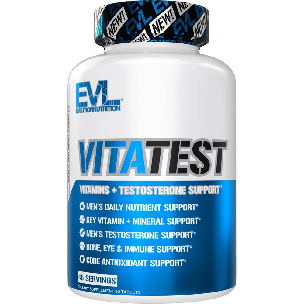 Evlution Nutrition VitaTest - Vitaminas + Apoyo para la Testosterona - Apoyo vitamínico y mineral clave - Nutrientes diarios y apoyo para la testosterona masculina - Apoyo para huesos, ojos e sistema inmunitario - 45 porciones - 90 comprimidos