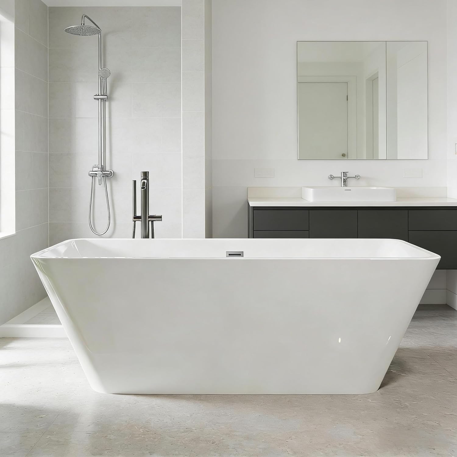 59'' Acrylic Deep Soaking Freestanding Bathtub, Modern White Bath Tub for Bathrooms with Non-Slip Base, CUPC Certified, Chrome Drain, Free Standing Tub