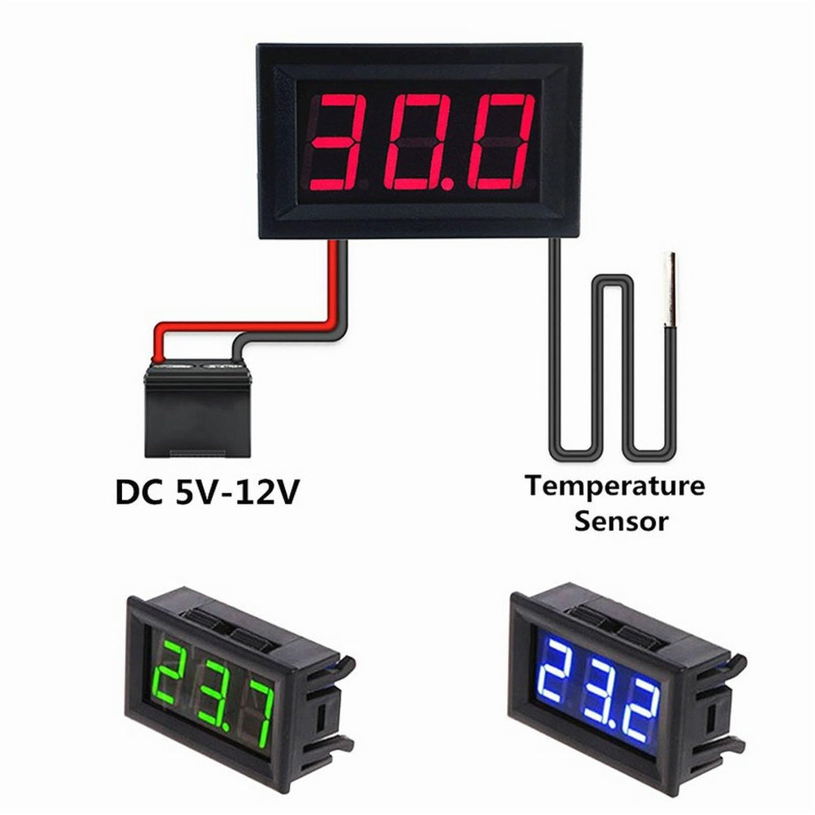 Cyfrowy termometr LED 5 V 12 V 0,56 cala do samochodu, do użytku wewnątrz i na zewnątrz, do inkubatora, akwarium, czujnik temperatury, stacja pogodowa (Blu)