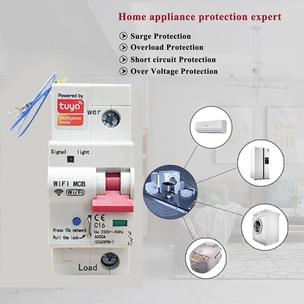 Medidor de Energía Inteligente Tuya con WiFi, Disyuntor 1P con Medición de KWh, Relé Temporizador de Monitoreo y Protección Fugas de 63 A.