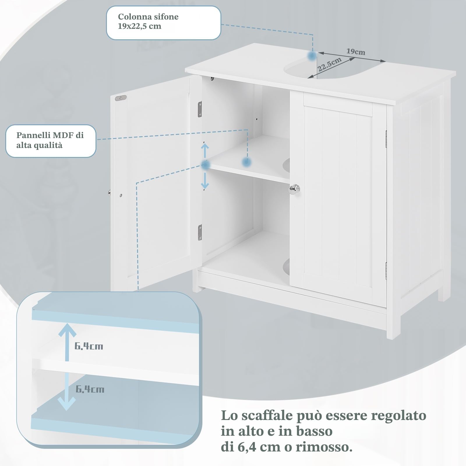 eSituro Armadietto Sottolavabo da Bagno Mobile a Terra con 2 Ante in Legno Bianco Mobiletto sotto Il Lavello