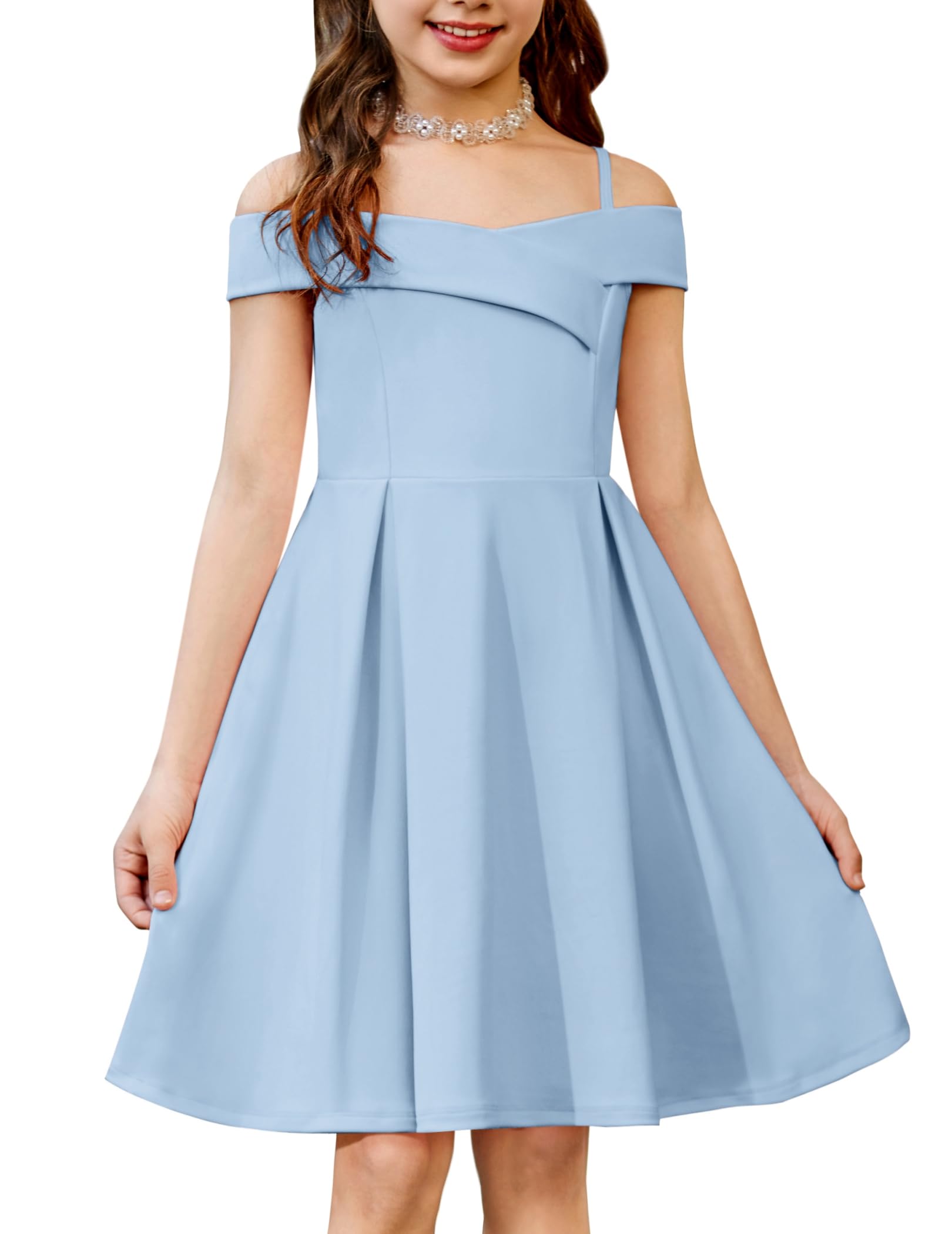 Arshiner Girls Summer Dress Off Shoulder Fold Pleated Formal Elegant A-Line Party Dresses with Pocket — view 9