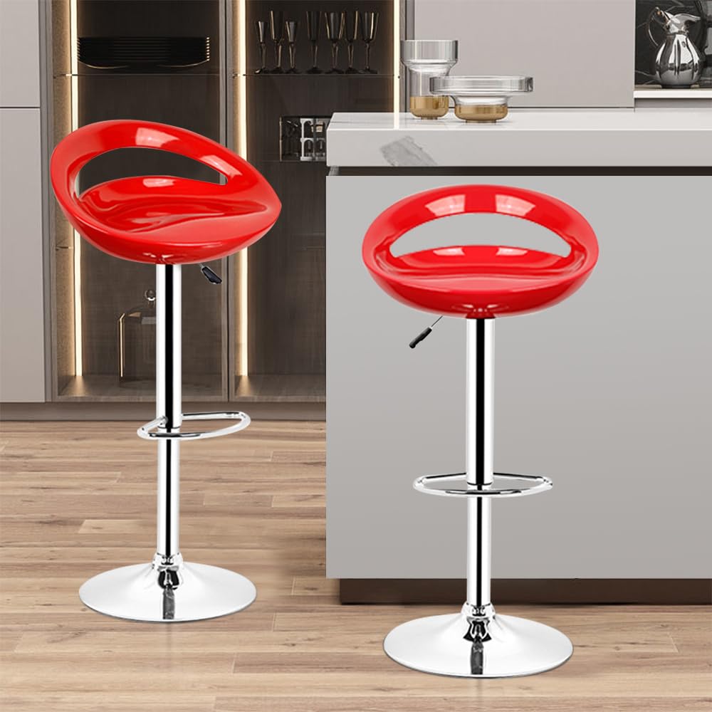Juego de 2 taburetes de bar, asiento de plástico ABS, silla alta con soporte lumbar y reposapiés, taburete de cocina con altura ajustable 81-101 cm, asiento 43 × 43 × 26 cm (rojo)