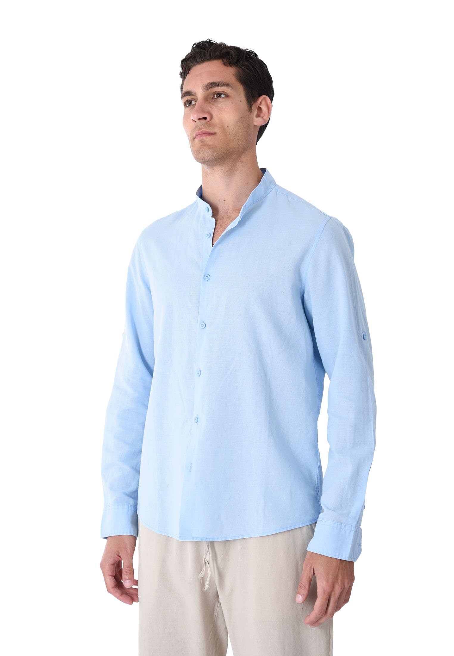 Camisa de hombre 100% lino cuello coreano blanco azul beige celeste negro rosa verde manga larga verano Slim Fit Serafino Sartorial Mangas revolables azul celeste M