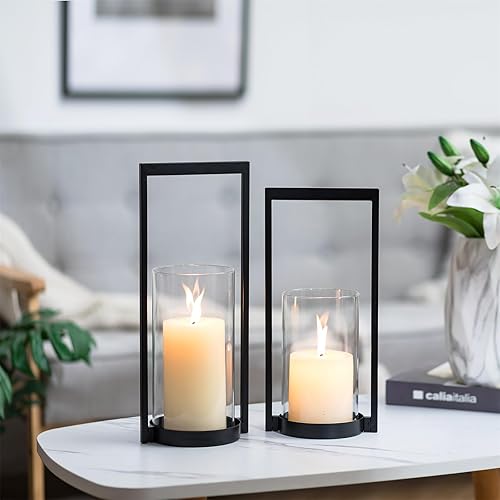 Miniatura 4 de Sziqiqi Hurricane Candle Holder for Pillar: Black Modern Candle Holders for Table Centerpiece - Geometric Candle Stand Set of 2 with Glass for