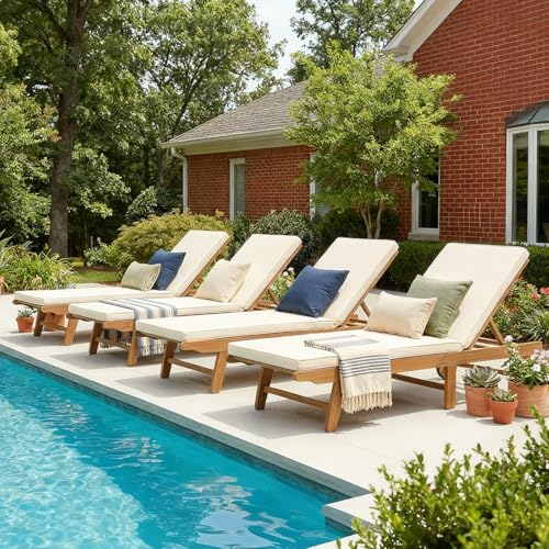 Image of Patiorama Patio Acacia Wood Chaise Lounge Chair of 4, Pool Chair, Cream | Foldable Lounge Chair Recliner with Adjustable Backrest, Wheels,Padded Cushion Portable Sun Lounger for Pool, Deck, Lawn