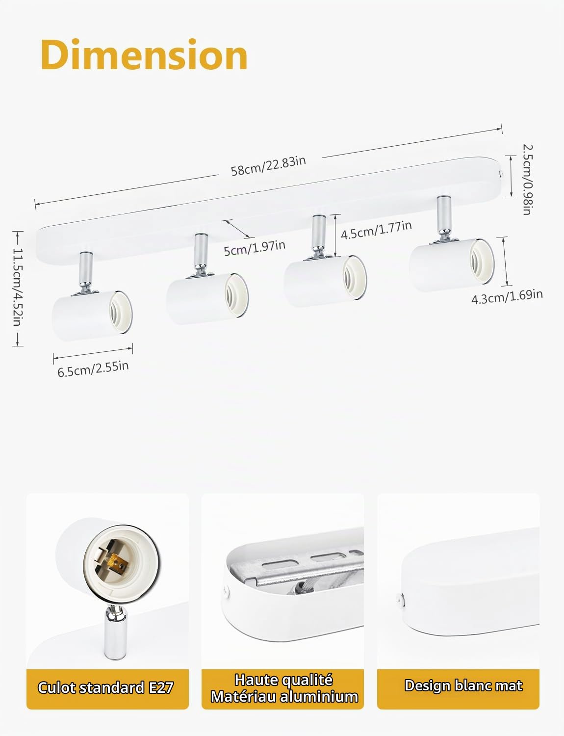 KYOTECH Plafonnier/Applique Murale, Plafonnier 4 Spots Orientables et Pivotant, Douilles E27, Ampoules non Fournies, Max. 60W, Spot de Plafond Noir Moderne pour Salon Couloir Cuisine (Sans Ampoule)