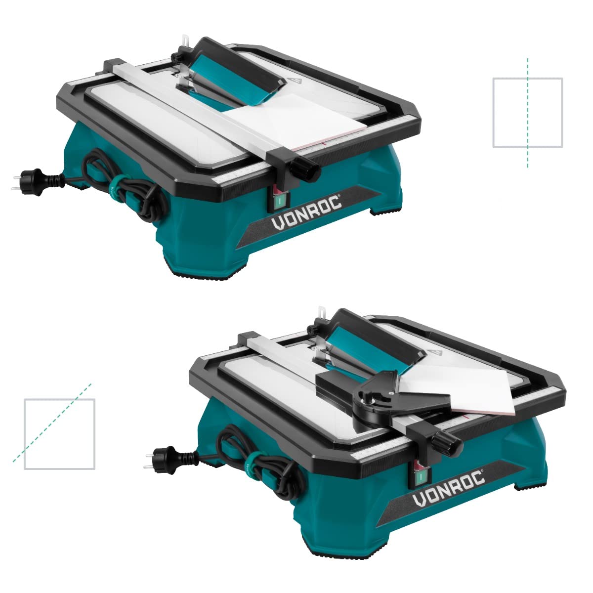 VONROC Tagliapiastrelle VONROC 650W - Piano Inclinabile 0-45°, Serbatoio Acqua, Lama Diamantata Ø180mm, Guida Parallela, Sicurezza Inclusa