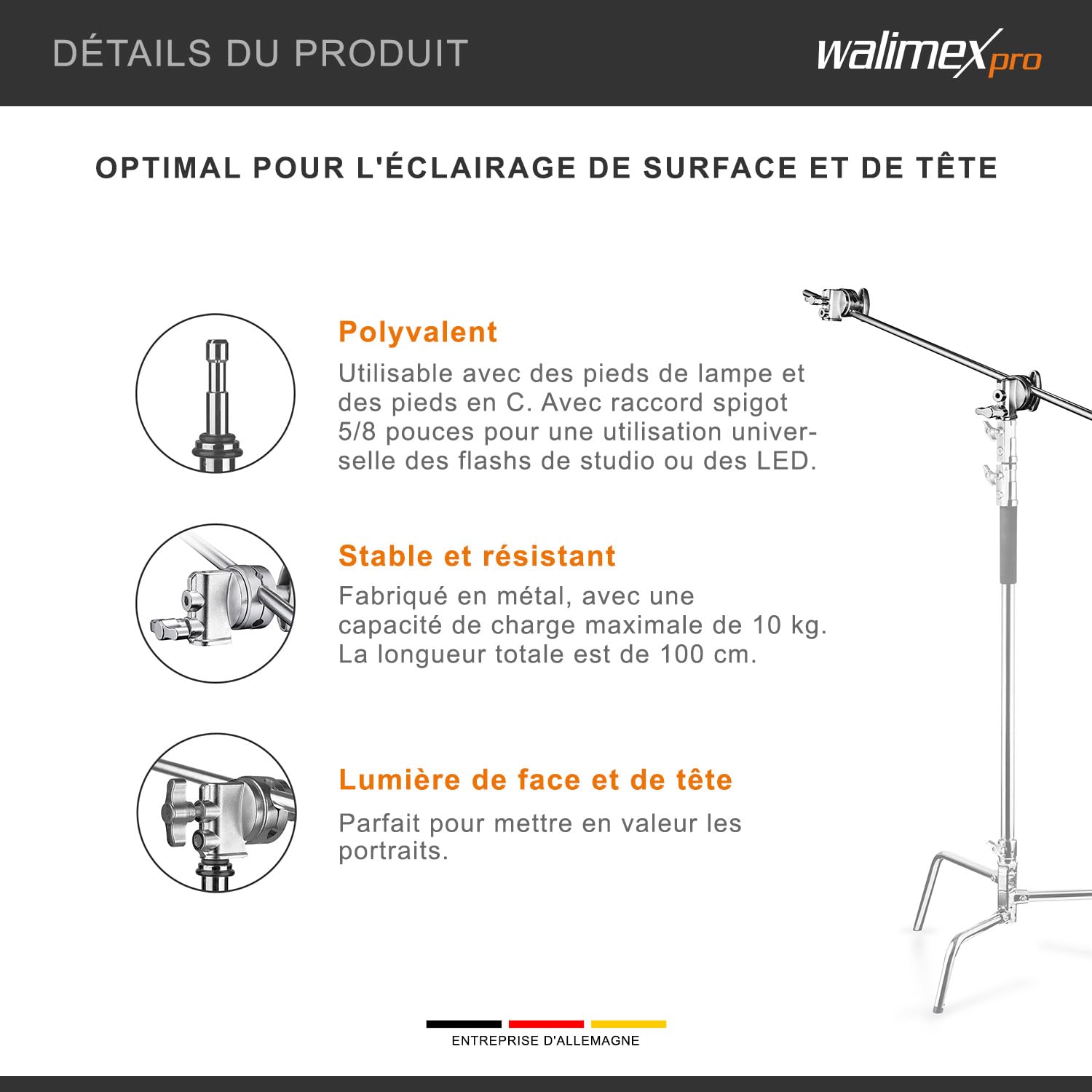 Walimex Pro Trépied girafe avec 2 pinces à vis de serrage, 100 cm, (par ex. pour utilisation sur trépied de lampe ou barres transversales)
