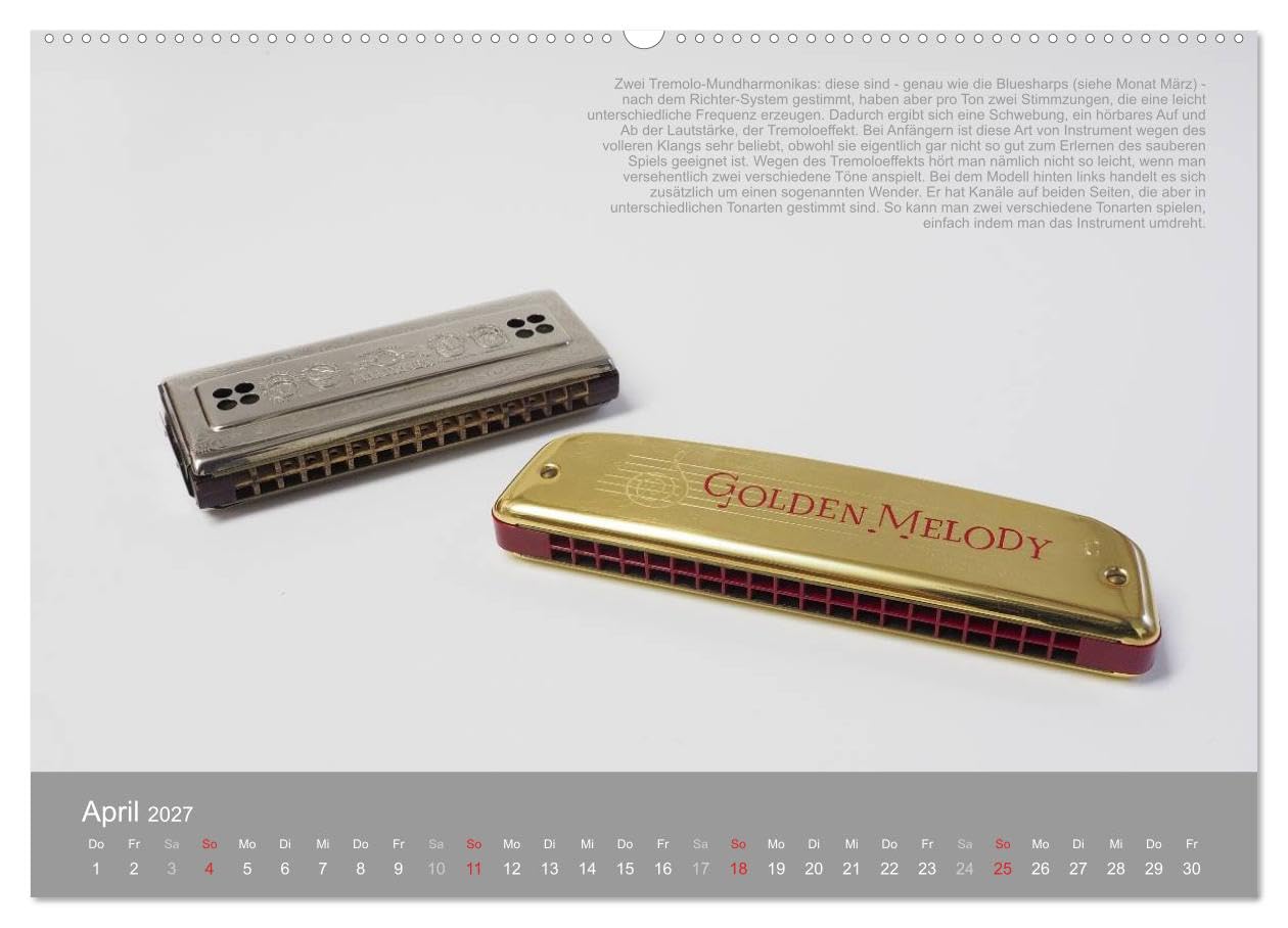 CALVENDO - Mundharmonikas im Blickpunkt (Wandkalender 2027 DIN A2 quer), Monatskalender: Verschiedene Mundharmonikaarten in Bild und Text