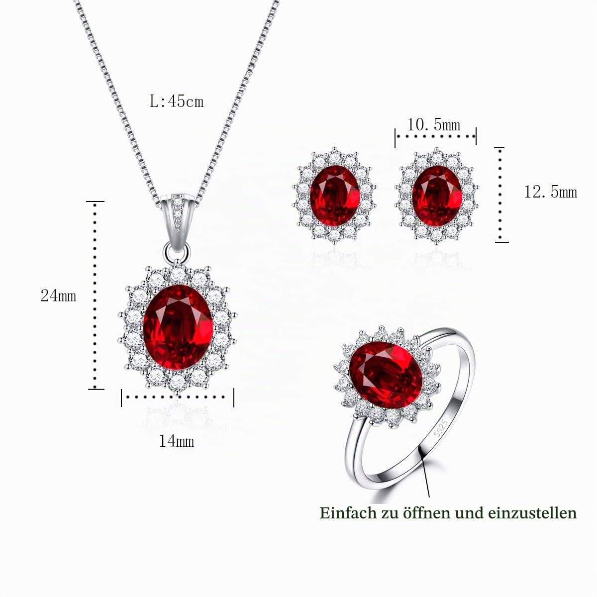 Silber Damen Schmuck Set, 925 Sterling Silber Halskette Ohrringe Ring Set, Silber Prinzessin Diana Schmuckset mit AAAAA Zirkonia, Silber Luxus Hochzeit Schmuck Set, Geschenk zum Geburtstag