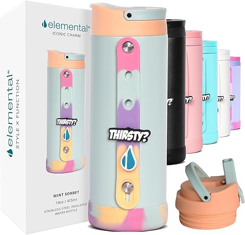 Elemental Iconic - Botella de agua para niños con tapa de popote y correa de dijes, a prueba de fugas cuando está cerrada, botella de agua