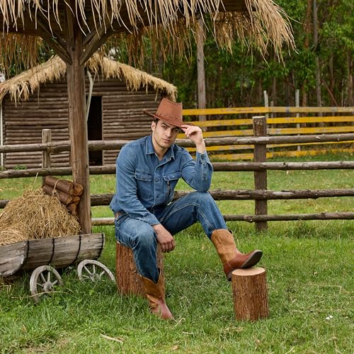 Image of IUV Cowboy Boots For Men Western Ostrich Wide Embroidered Pull On Boots | Durable & slip-resistant pull-on boots, Fashionable embroidered design, Vintage style for men, stylish for casual.