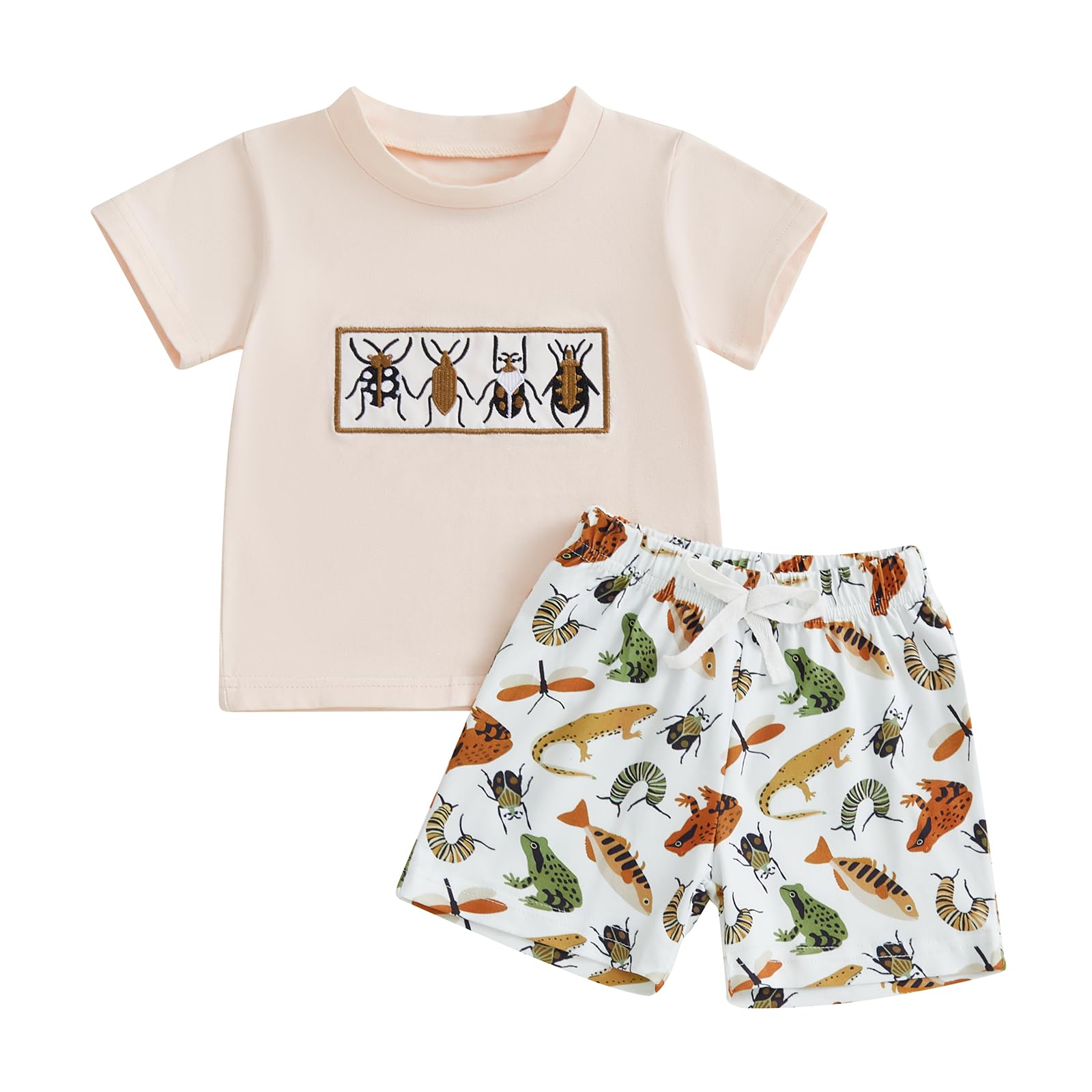 YINGISFITM Toddler Baby Boy Summer Clothes Insect Print Short Sleeve T-Shirt Tops + Casual Shorts Sets Cute Outfits (Beige Insect, 2-3T)