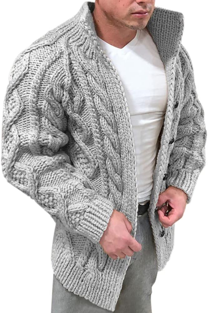 Onsoyours Cardigans Homme Automne Hiver Manches Longues Col en V Pull Col Montant à Boutons Chaud Sweater Moderne Couleur Unie Tricot Outwear Abricot XS