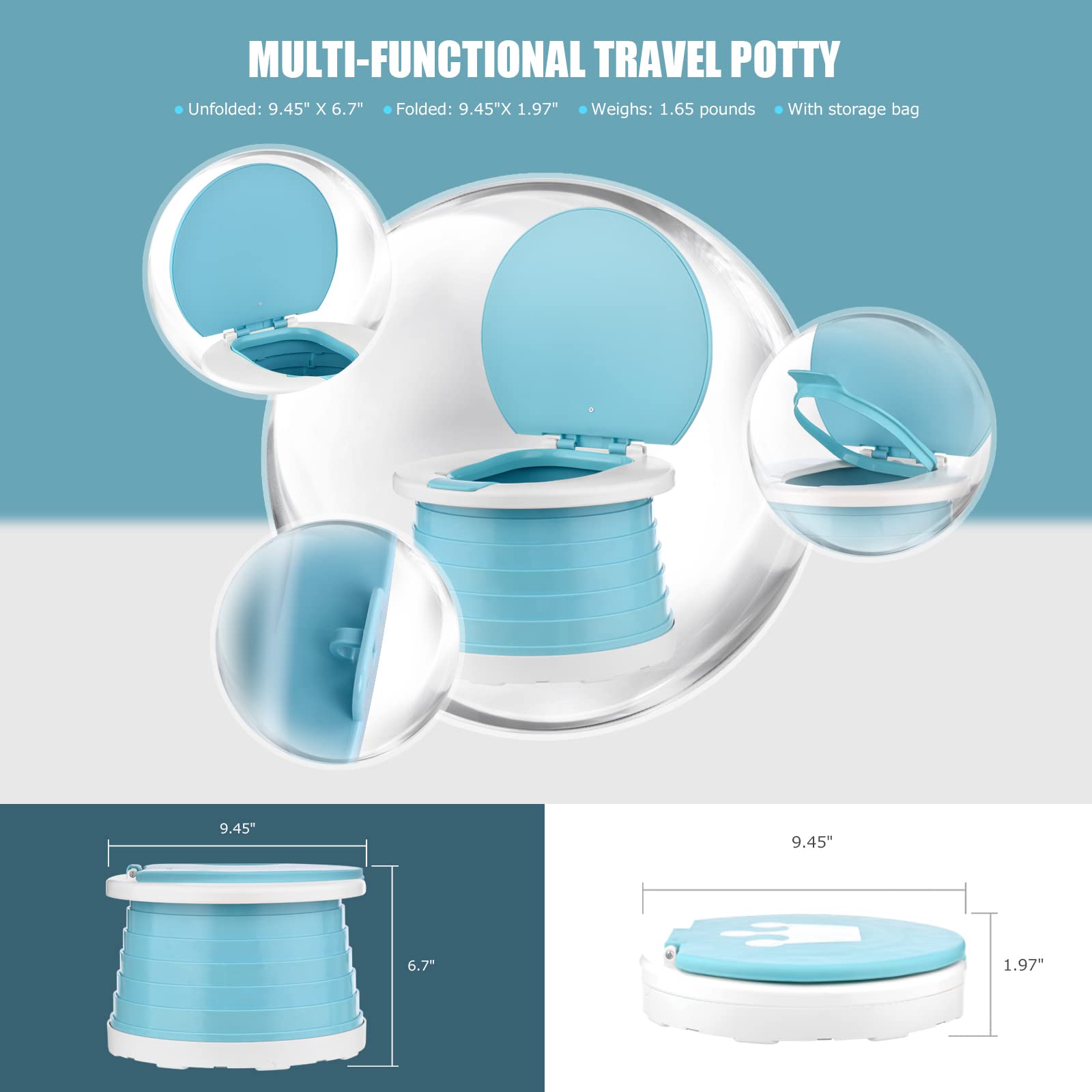 Portable Potty Travel Foldable Potty Seat for Toddler Training Toilet for Kids Boys Girls Car Potty On The Go Potty Travel Potty Chair for Camping Park Indoor/Outdoor 15PCS Cleaning Bags (Blue)