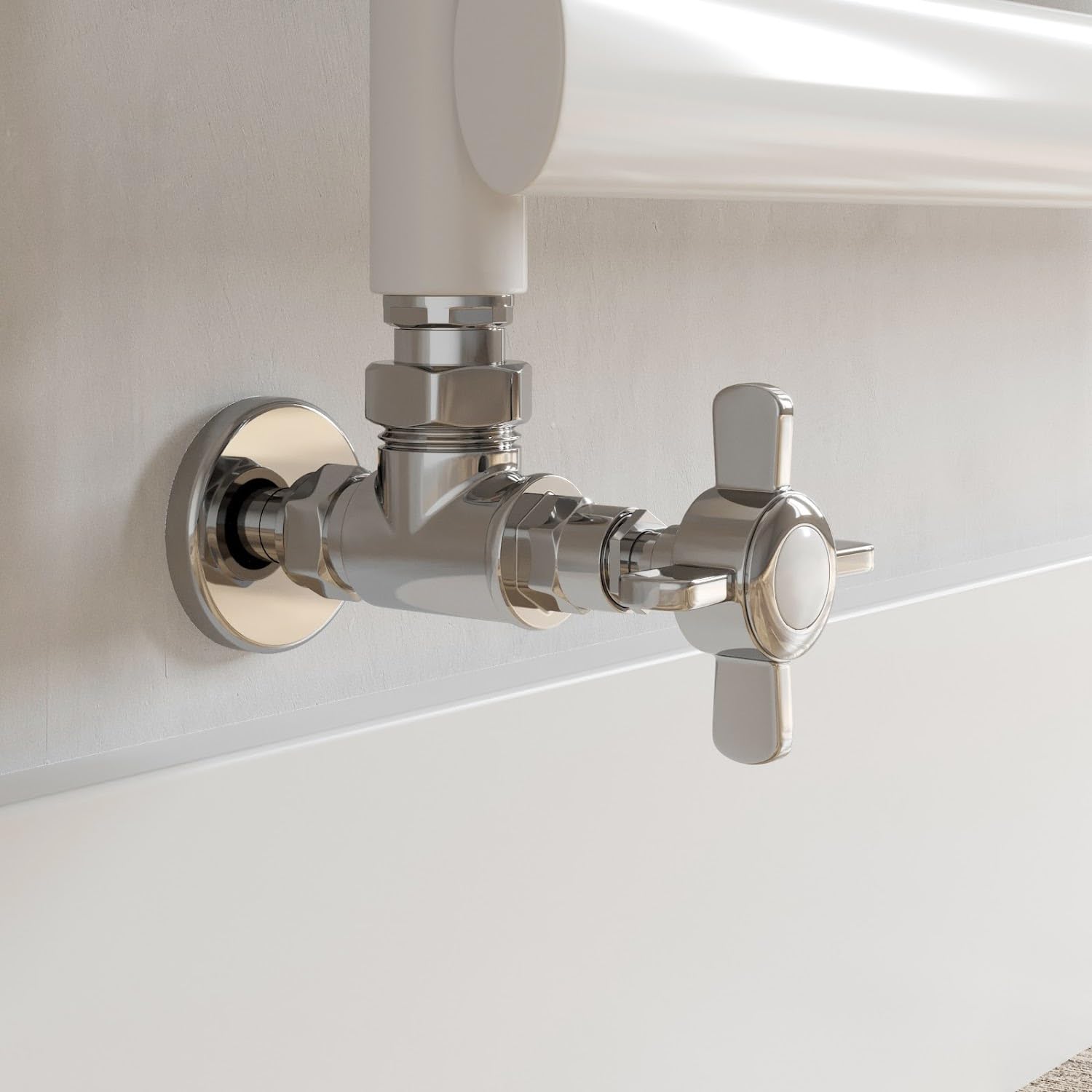 Duratherm Chrome Traditional Manual Angled Towel Radiator Valve Set, 15Mm Central Heating Valves For Radiators, Round Crosshead, Polished