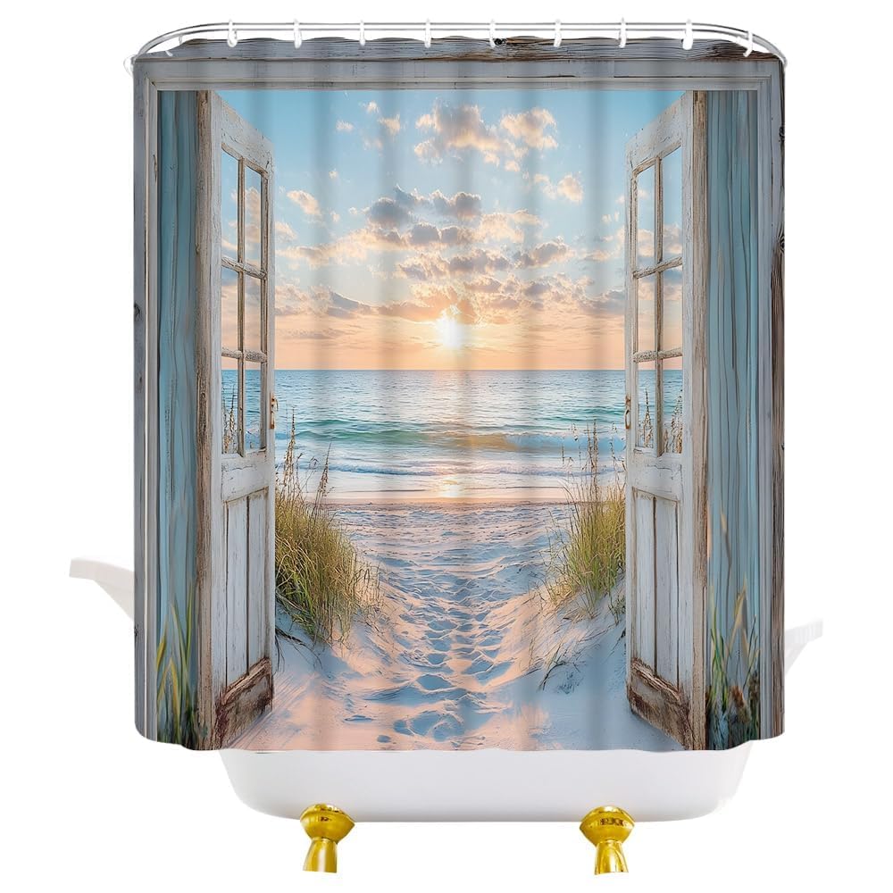 Uiyiui Multicolor-1 Beach Coastal Shower Curtain 79X87in/200X220/Wxh Teal Barn Door Hawaiian Sunset Scenery Nautical Shower Curtain, Retro Wood Rustic Landscape Bath Curtains Fabric Waterproof With Hooks