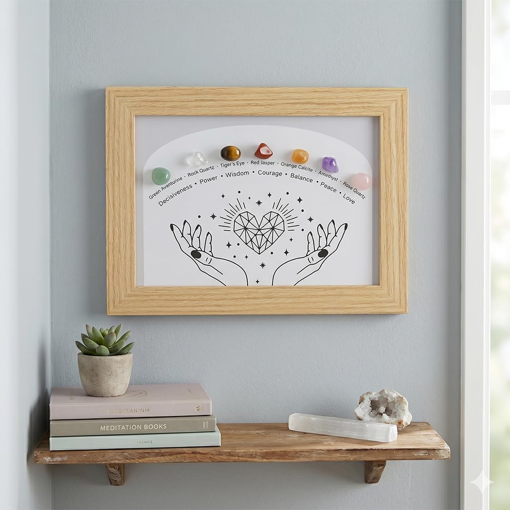 KABIR WORLD 7 Chakra Healing Crystal Wooden Shadow Box 16 x 21 cm, Natural Gemstone Wall Art & Desktop Decor with Amethyst, Rose Quartz, Tiger Eye, Spiritual Meditation Gift for Home & Office 1