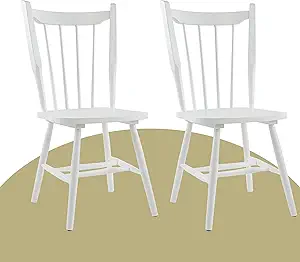 White Wooden Dining Chairs Set of 2, Windsor Dining Chairs with Spindle High Back & Solid Wood Legs, Farmhouse Vintage Kitchen Chair for Dining Room/Restaurant, Armless
