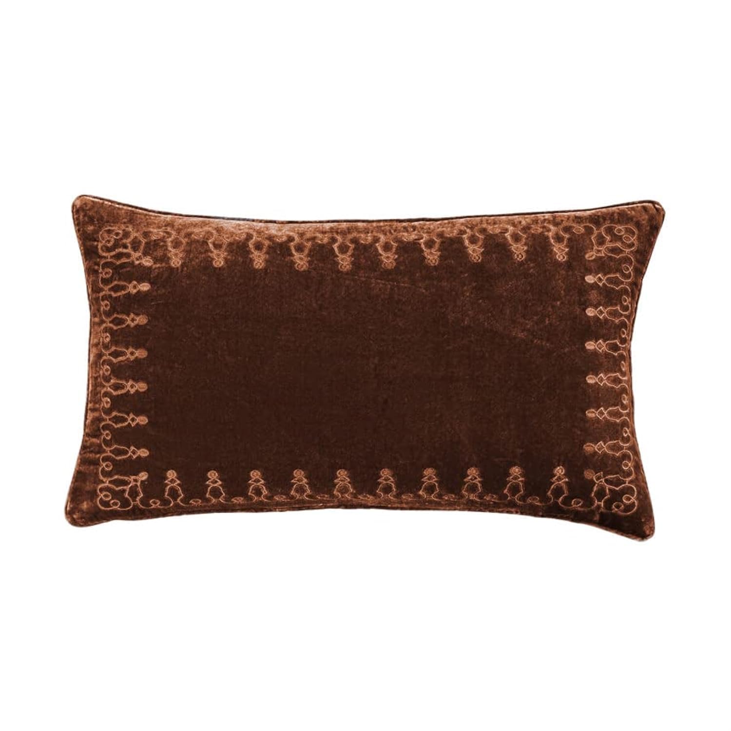 HiEnd Accents Stella Faux Silk Velvet Embroidered Lumbar Pillow, 14x24 inch, Copper Brown, Romantic Western Modern Traditional Style Luxury Bedding, Decorative Throw Pillow