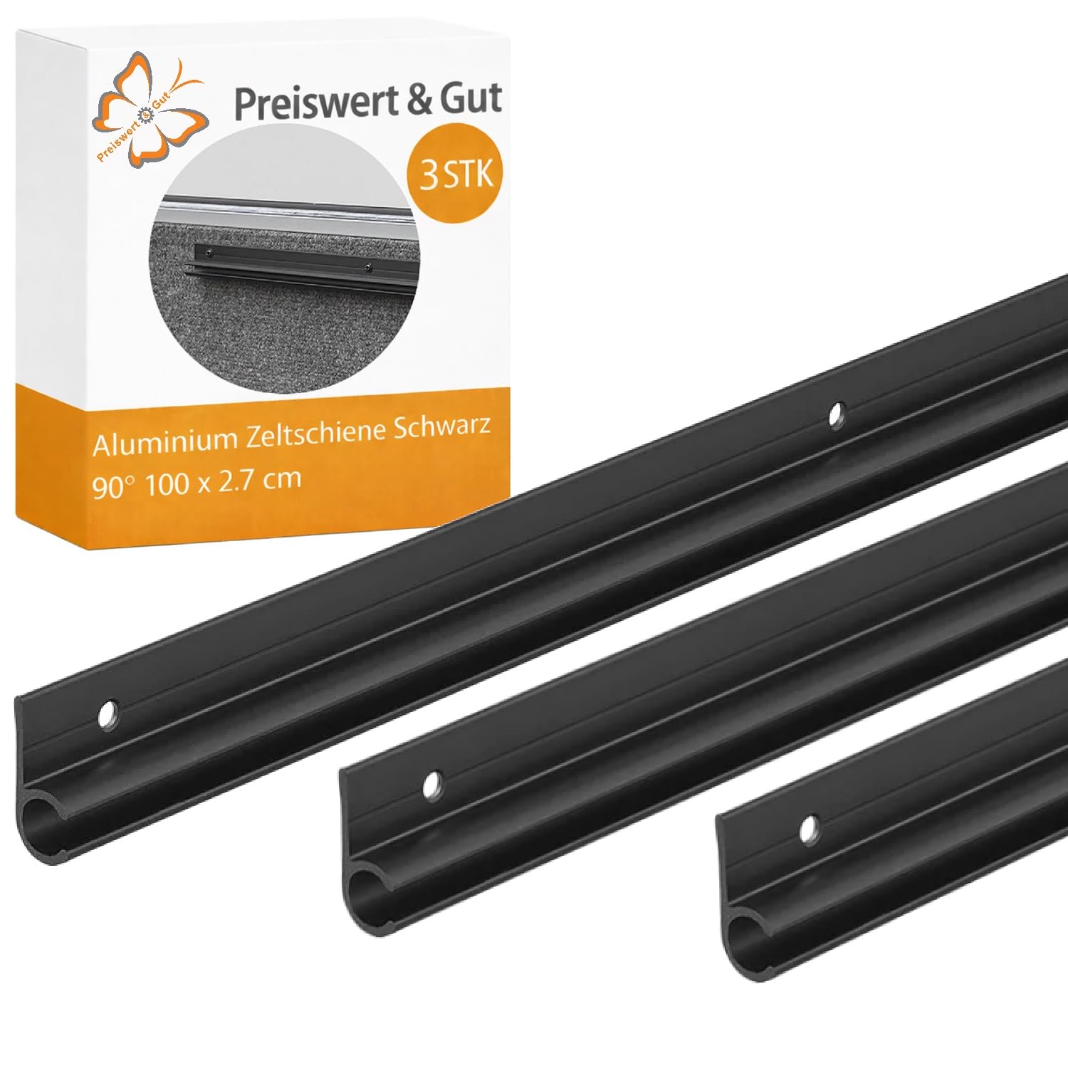 3 STK Kederleiste Aluminium eloxiert schwarz 90 Grad 100 x 2,7 cm Set | Kederschiene zur Montage an Windblende und Radabdeckung, für Keder 7-9 mm Preiswert&Gut