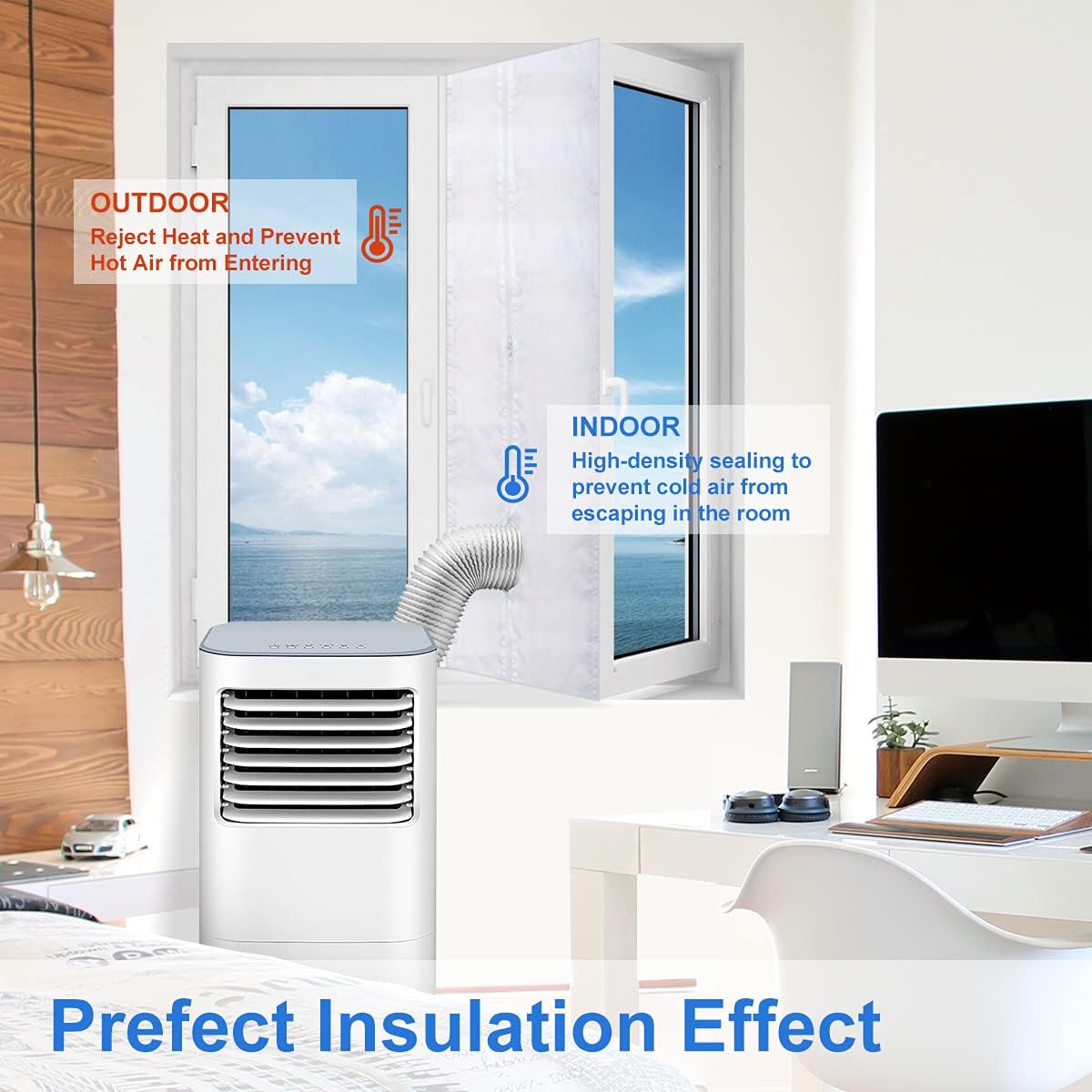 Fensterabdichtung für Mobile Klimageräte, Klimaanlagen, Wäschetrockner und Ablufttrockner, Klimaanlage Fensterabdichtung, Hot Air Stop mit Reißverschluss zum Anbringen an Balkontüren (4M)
