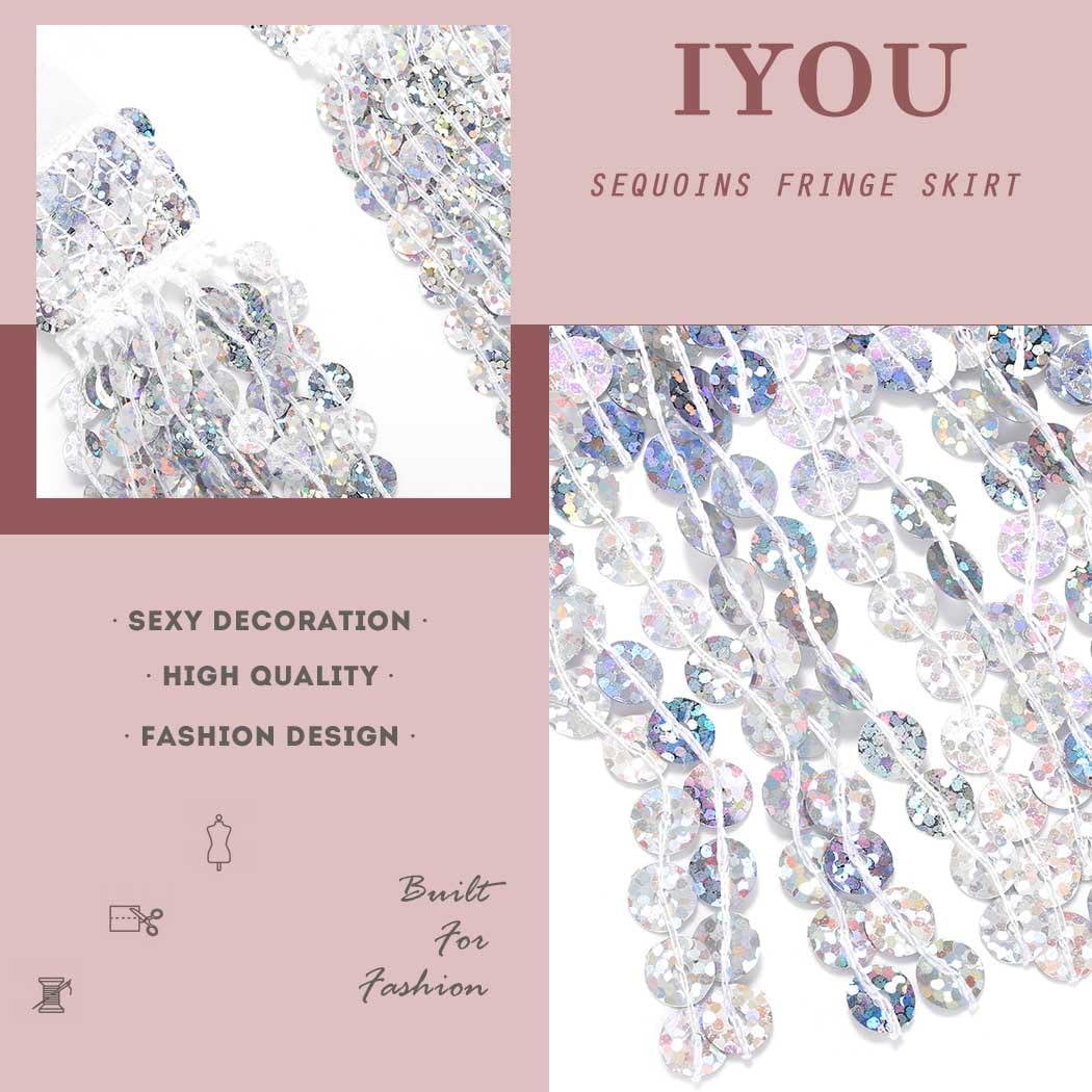 IYOU Jupe à Paillettes et à Glands Foulard de Danse Orientale Baladi Argent Mini Jupe Enveloppante à Franges Tenue de Festival et de Rave pour Femmes et Filles