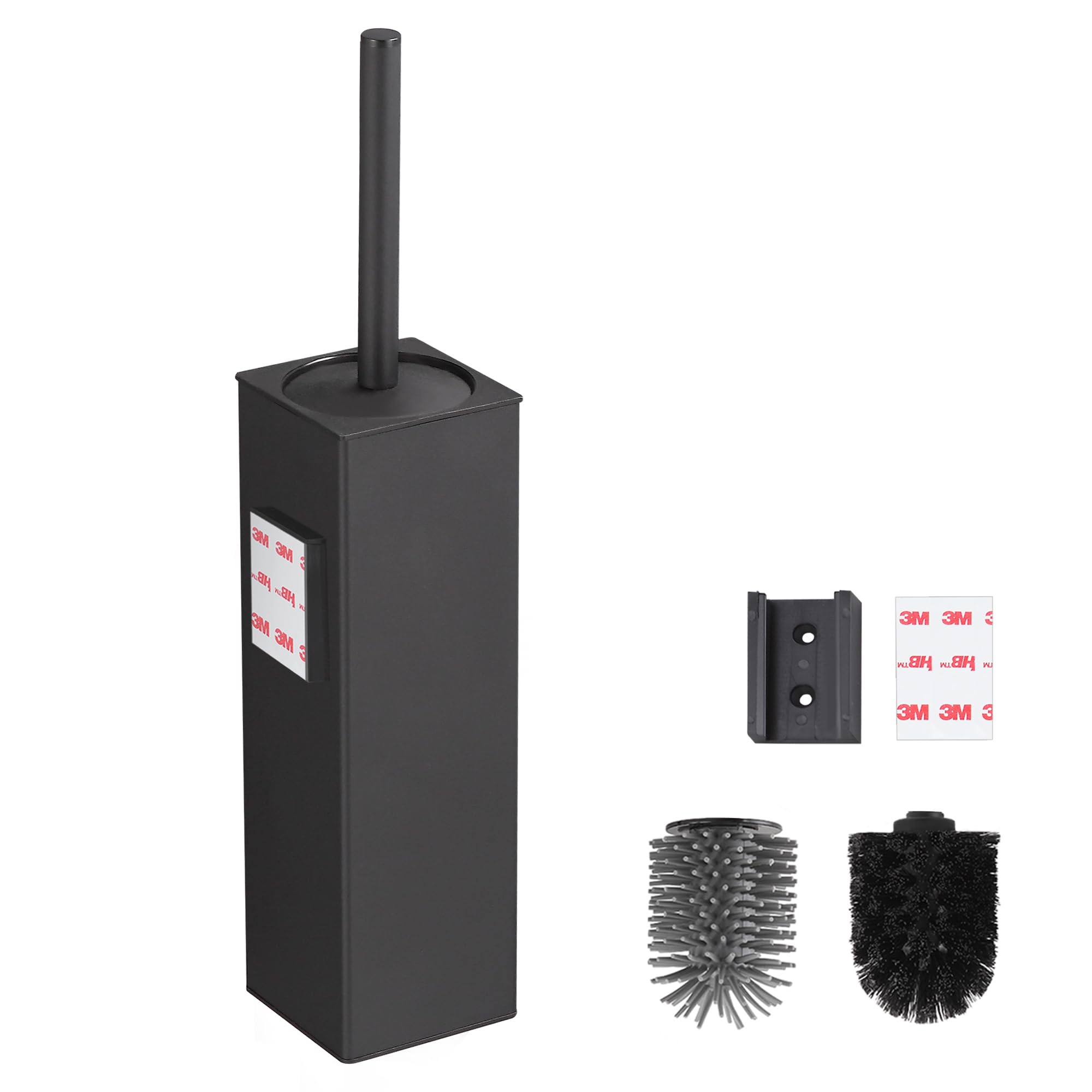 BVL Wall Mounted Black Toilet Brush, No Drilling Metal Toilet Brush Holder Includes 2 Brush Heads, Silicone Head Square Holder