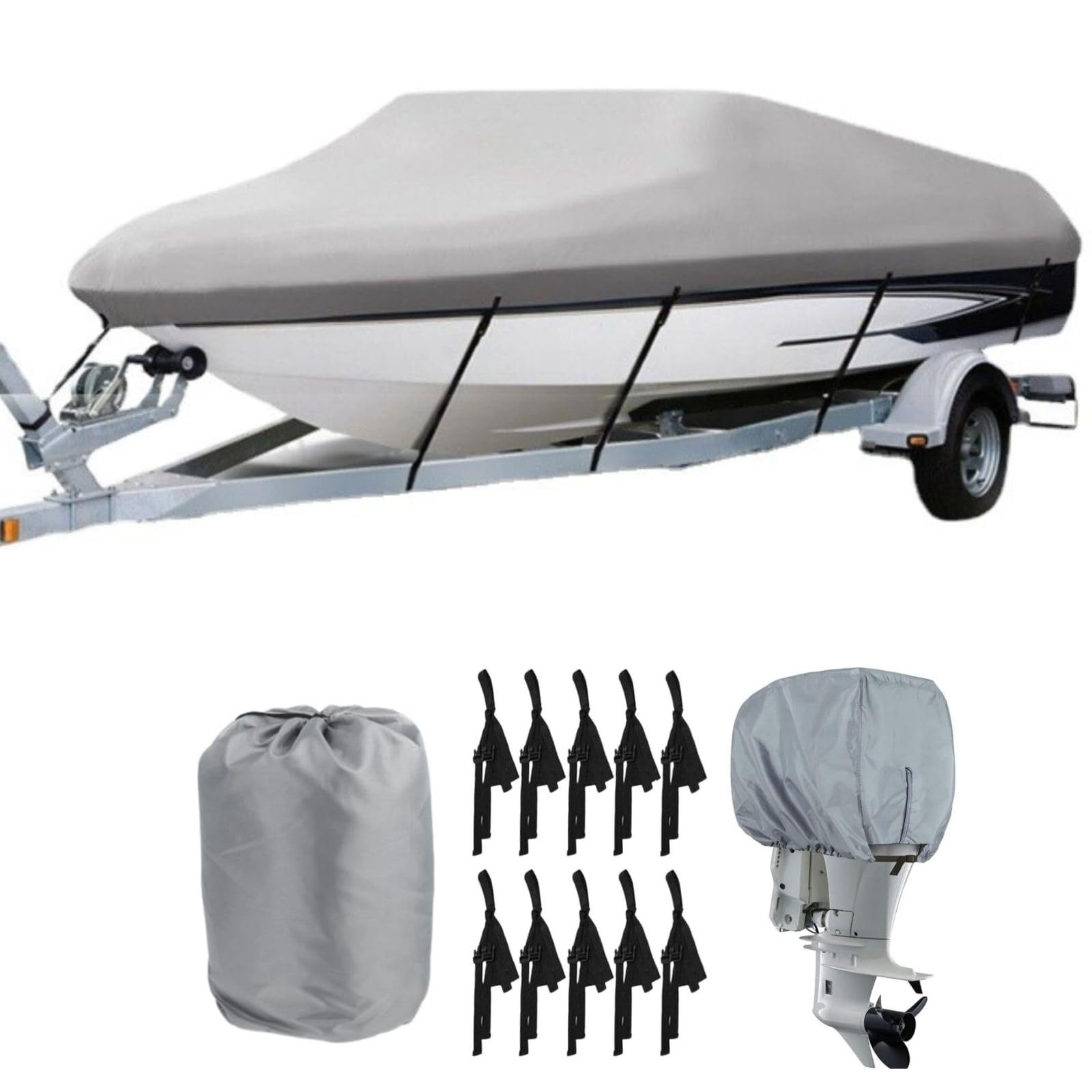Bootspersenning mit Außenborder Abdeckung,600D Oxford Gewebe Wasserdicht Staub Schutz Bootsplane,Schwarz Bootsplane für Yacht Schnellboot Angelboot V-Rumpf (Grau, 14-16FT)