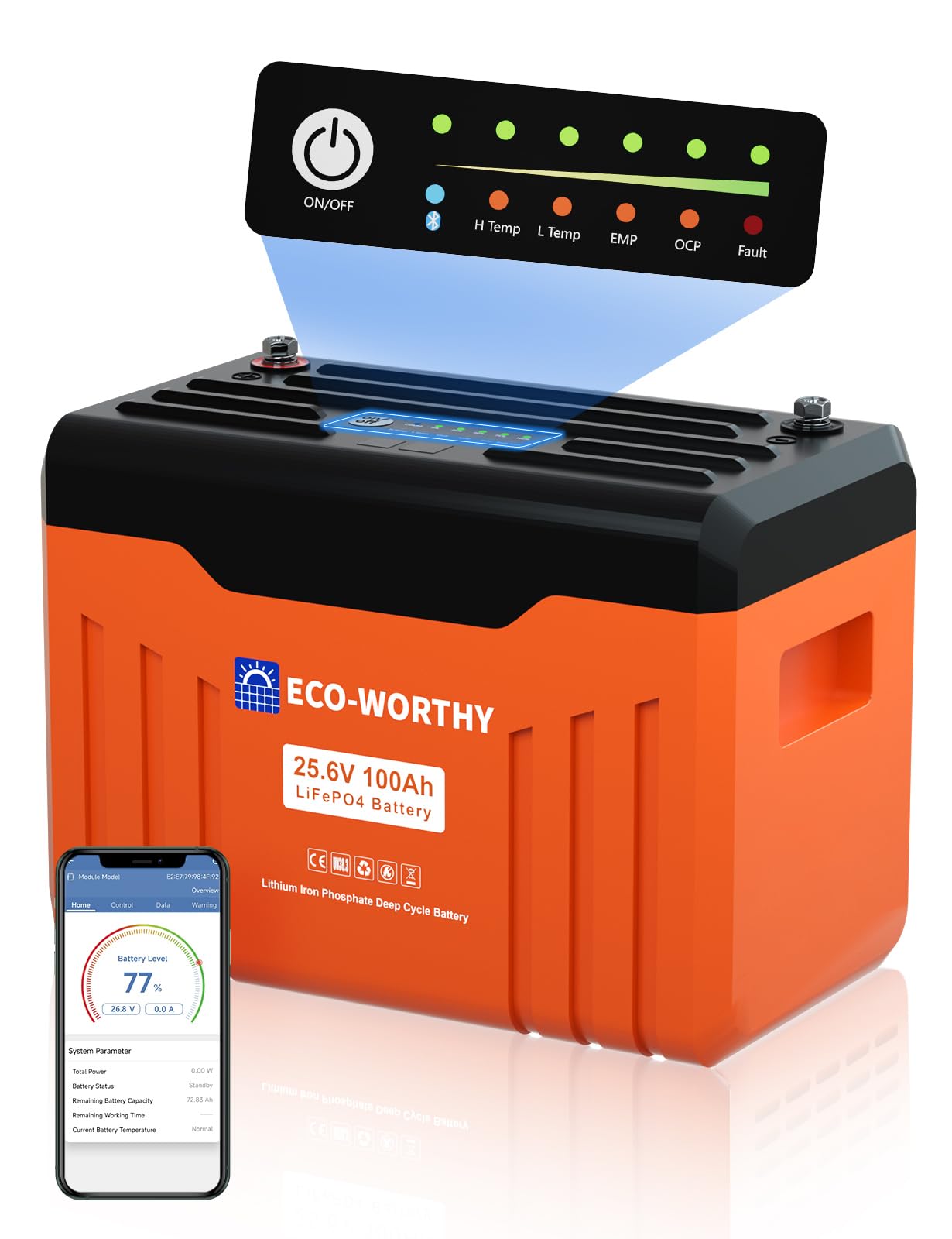 24V 100AH Bluetooth Lithium Battery with SOC LED Display, Built-in BMS with Low Temperature Protection, 15000+ Cycles Smart LiFePO4 Battery for Off-Grid, Home Power System, RV, Solar