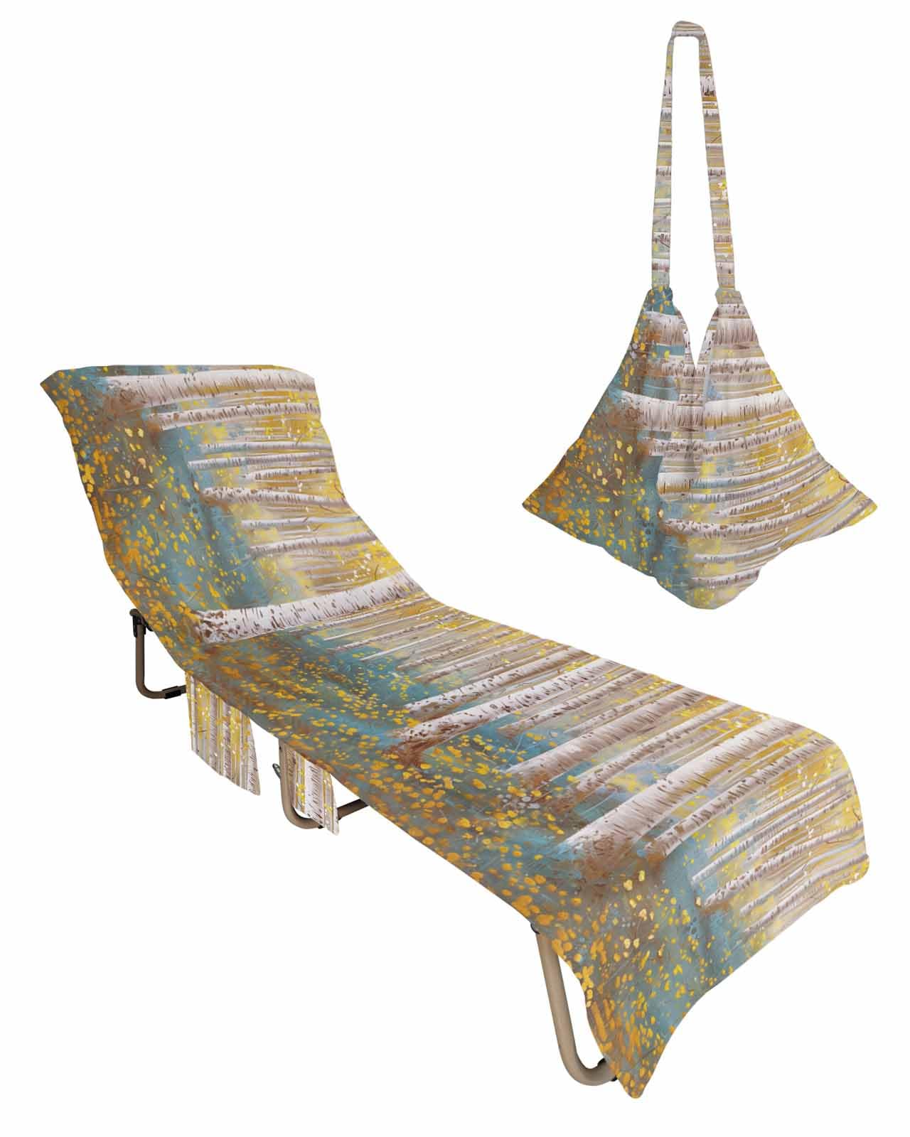 Beach Pool Patio Lounge Chaise Chair Cover Towel with Pockets,Yellow Tree Absorbent & Quick Dry Microfiber Towel Cover Bag Summer Travel Accessories Abstract Forest Oil Painting Natural Scenery