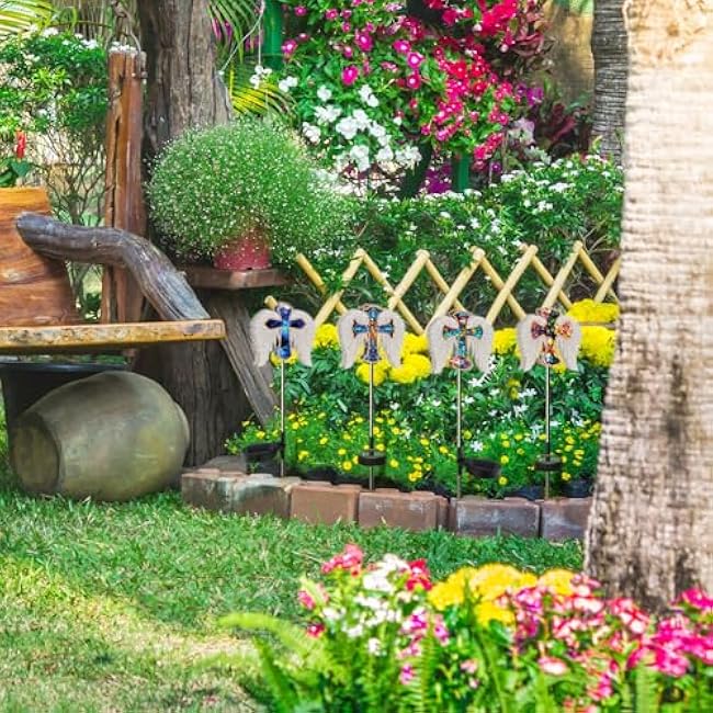 Retisee 4 Pack Cross Angel Wings Solar Lights for Outdoor Memorial Solar Lights for Graves Lighted Sympathy Gifts for Memorial Day Christmas Garden Lawn Porch Yard Patio Waterproof Decor