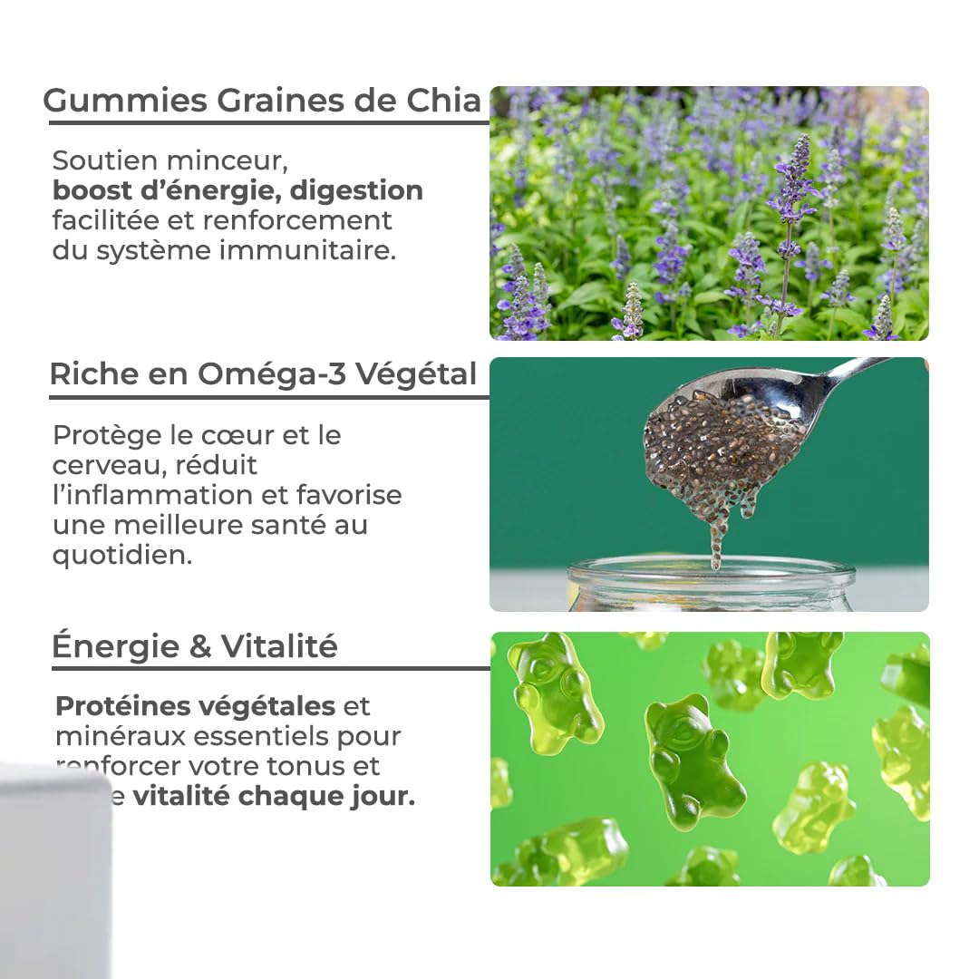 Gummies Graine de chia en sachet, Gummies Chia Minceur & Perte de Poids et de Tour de taille, Source de protéines, fibres et OMEGA 3, Complément alimentaire, Sans Sucre, 45 gummies, Goût Pomme