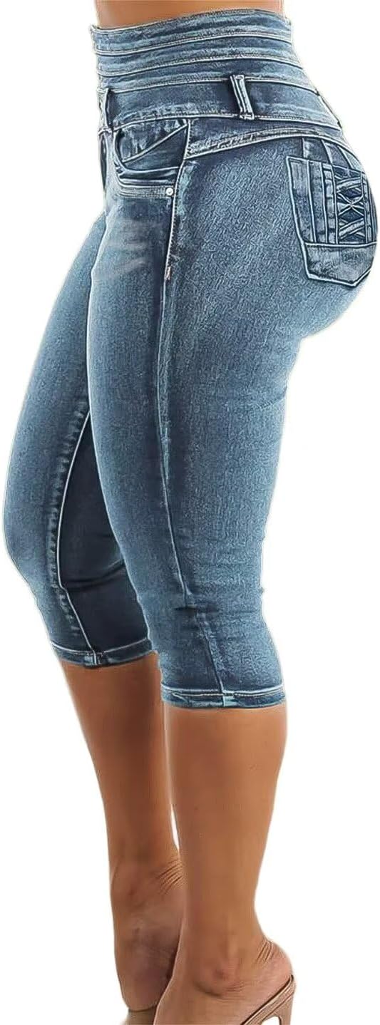 Flamingals Blue Skinny Jeans for Women Stretchy Mid Waist Butt Lifting Trendy Denim Capris - Image 3