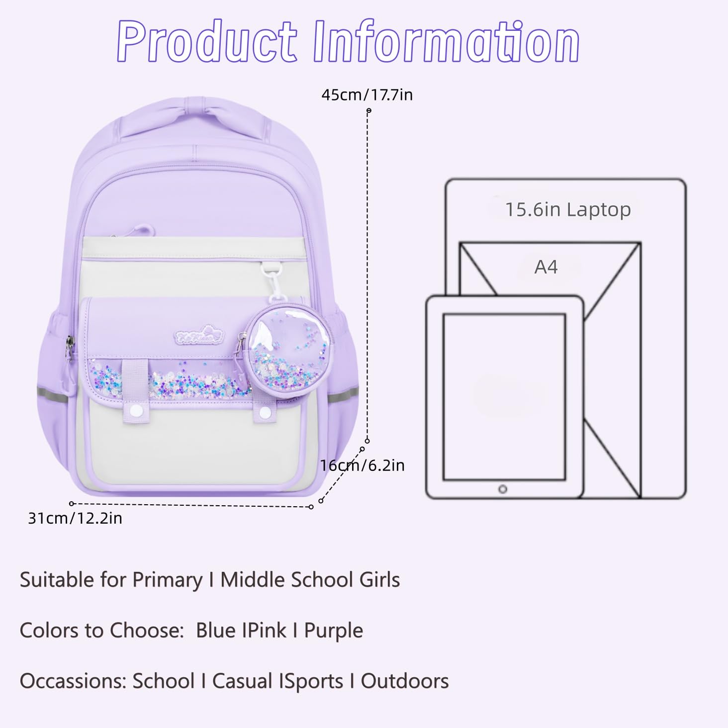 Zaino per bambini per la scuola elementare per ragazze e bambini, grazioso zaino con portamonete scintillante, Viola, L, Classico