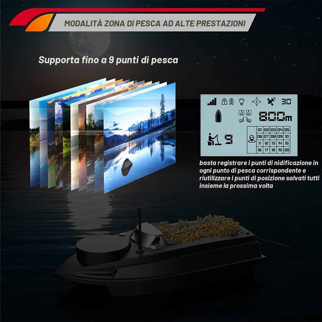 RC Bait Boat, V030 12V 2.4G GPS ad alta velocità Esca da pesca barca 800 m telecomando con 40 waypoint e capacità 3 kg Dual-Hopper, ideale per la consegna di esche pesca alla carpa