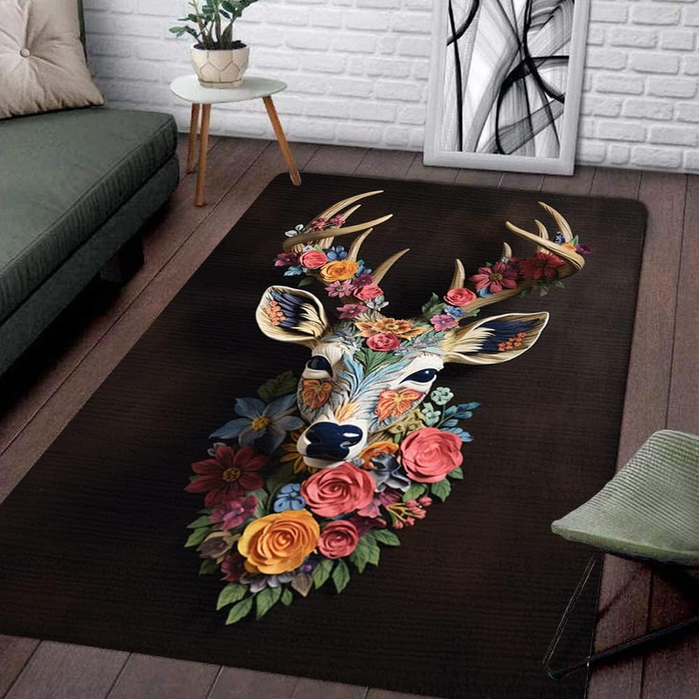 Customized Deer Rug - Deer Rugs Living Room - Deer Head Rug, Deer Hunting Area Rug Non-slip, Deer and Flower Rug for Bedroom Decor, Vintage Deer Rug, Deer Bathroom Rugs Whitetail Deer Area Rugs