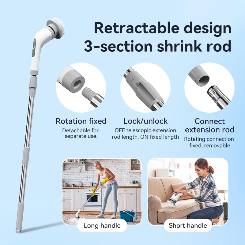Image of Electric Spin Scrubber Cordless ​Shower Cleaner Bathroom Cleaning Brush Scrubbing with Tool Free Adjustable Extension Arm for Tub Tile Floor and 7 Replaceable Heads for Kitchen Floor (White-Grey)